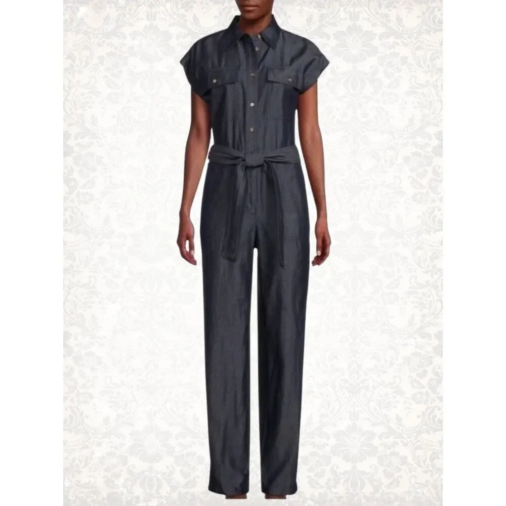 NWT Michael Kors Dark Denim Button-Up Jumpsuit Pockets Women's Size M
